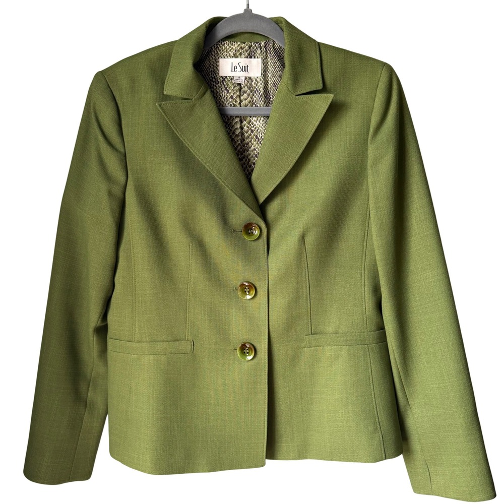 Le Suit Green Blazer Jacket‎ 3 Button Snake Print Workwear Office Size 8